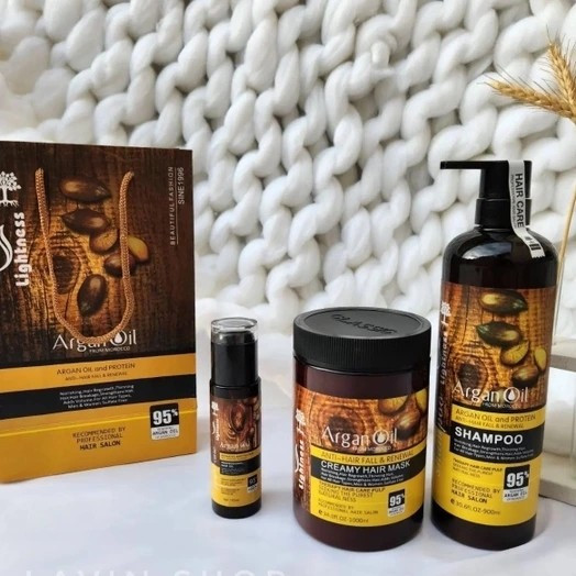 پک شامپو ماسک و روغن آرگان بدون سولفات لایتنس هولوگرام دار اورجینال دارای ضمانت مرجوعی در صورت فیک بودن